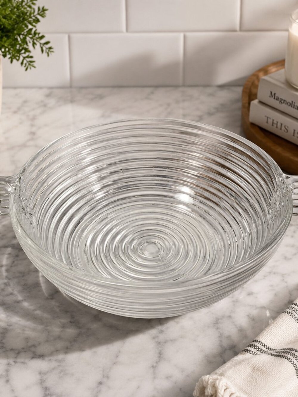 Vintage Clear Ribbed Glass Serving Bowl w/ Handles 9.5"